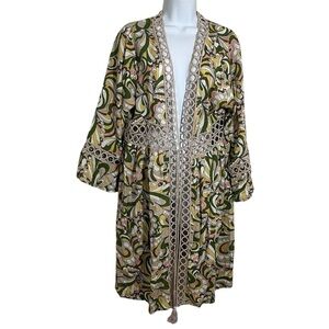 Vintage Wayan 70s Hippie Green and Cream One Size Duster Cut Out Details Tassels